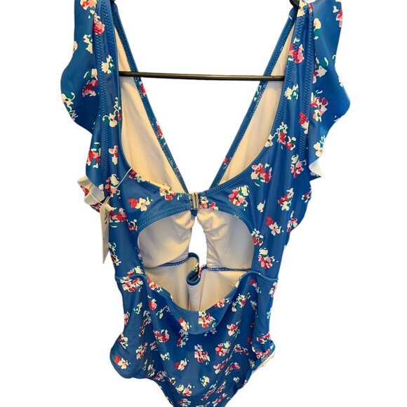 🍒 2/$20 🍒 New Blue Floral One-Piece Bathing Suit with Ruffles - Picture 2 of 6
